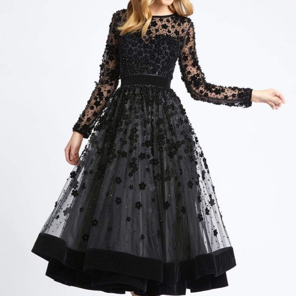 Mac Duggal Black Floral Long Sleeve Dress